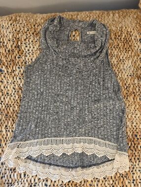 R2 Gray Ribbed Cowl Neck Tank with Cream Lace Hem
